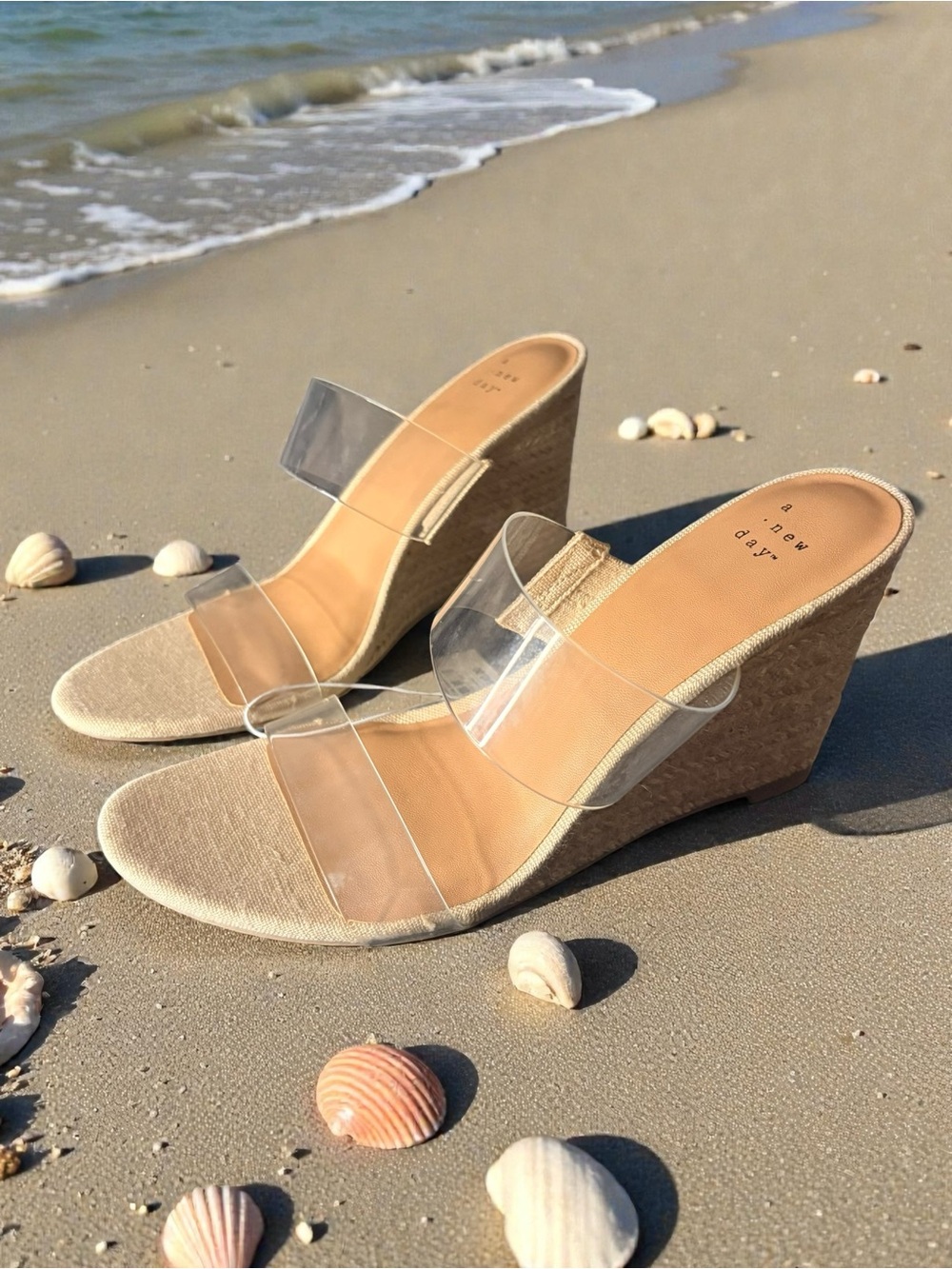 Tan Espadrille Wedge Sandals with Clear Straps